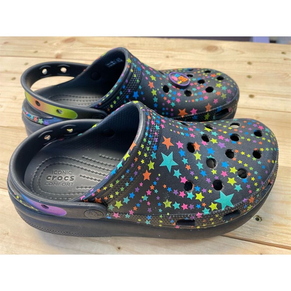 Crocs Cutie Crush Disco‎ Dance Party Platform Clogs Kids Black Multi Stars 6